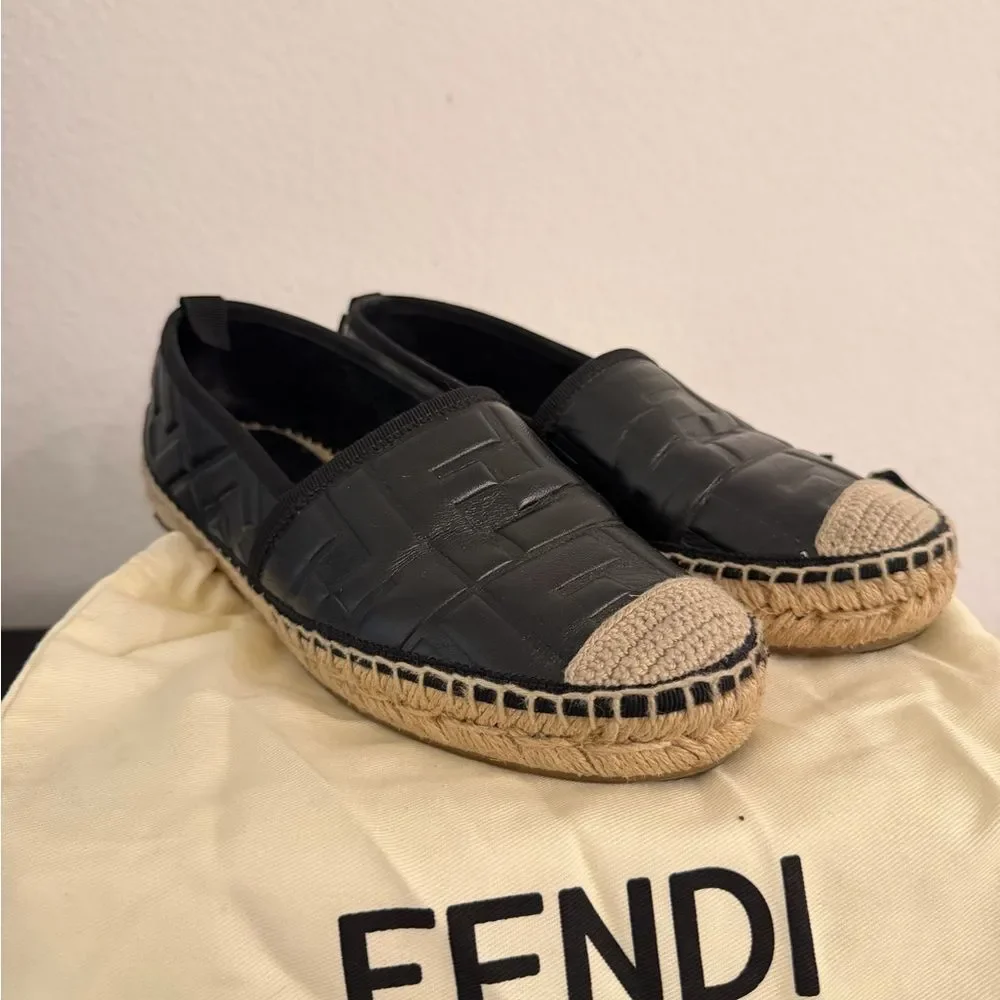 Fendi Black Leather FF Espadrille Flats Logo Jute Sole Size 36